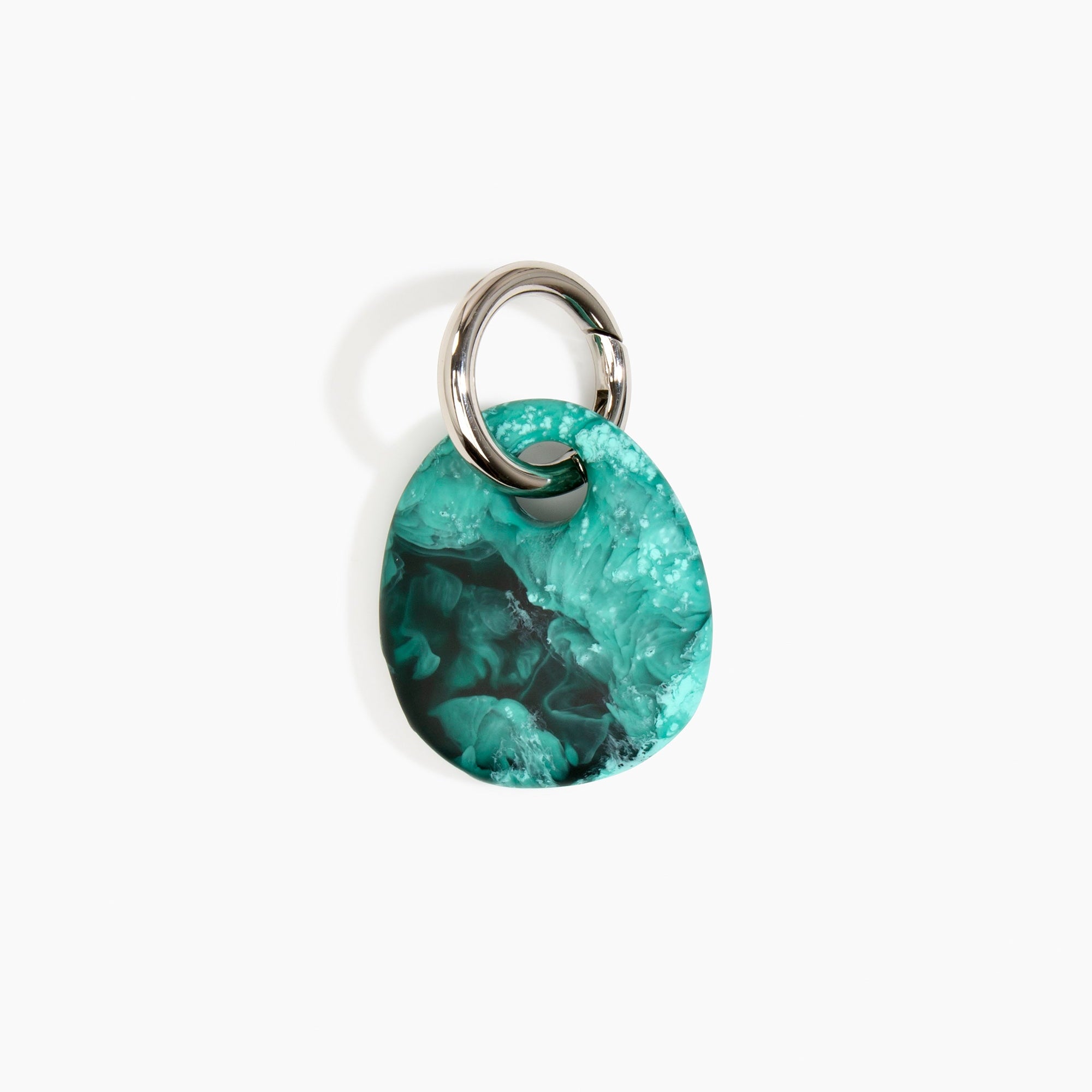 Dinosaur Designs Earth Keyring in Lichen — handcrafted marbled teal green and Black resin pebble bead on a polished gunmetal jump ring..
