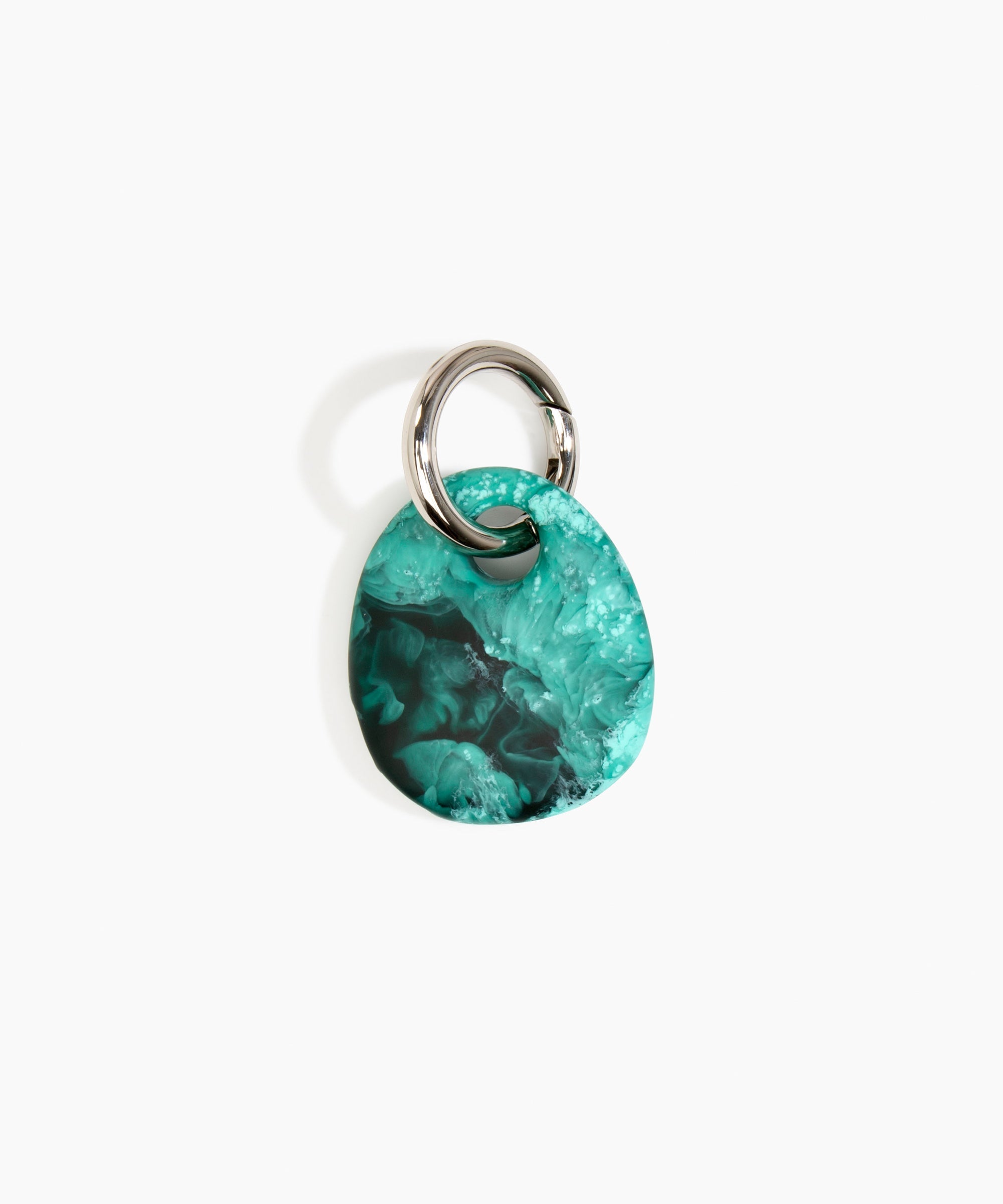 Dinosaur Designs Earth Keyring in Lichen — handcrafted marbled teal green and Black resin pebble bead on a polished gunmetal jump ring..