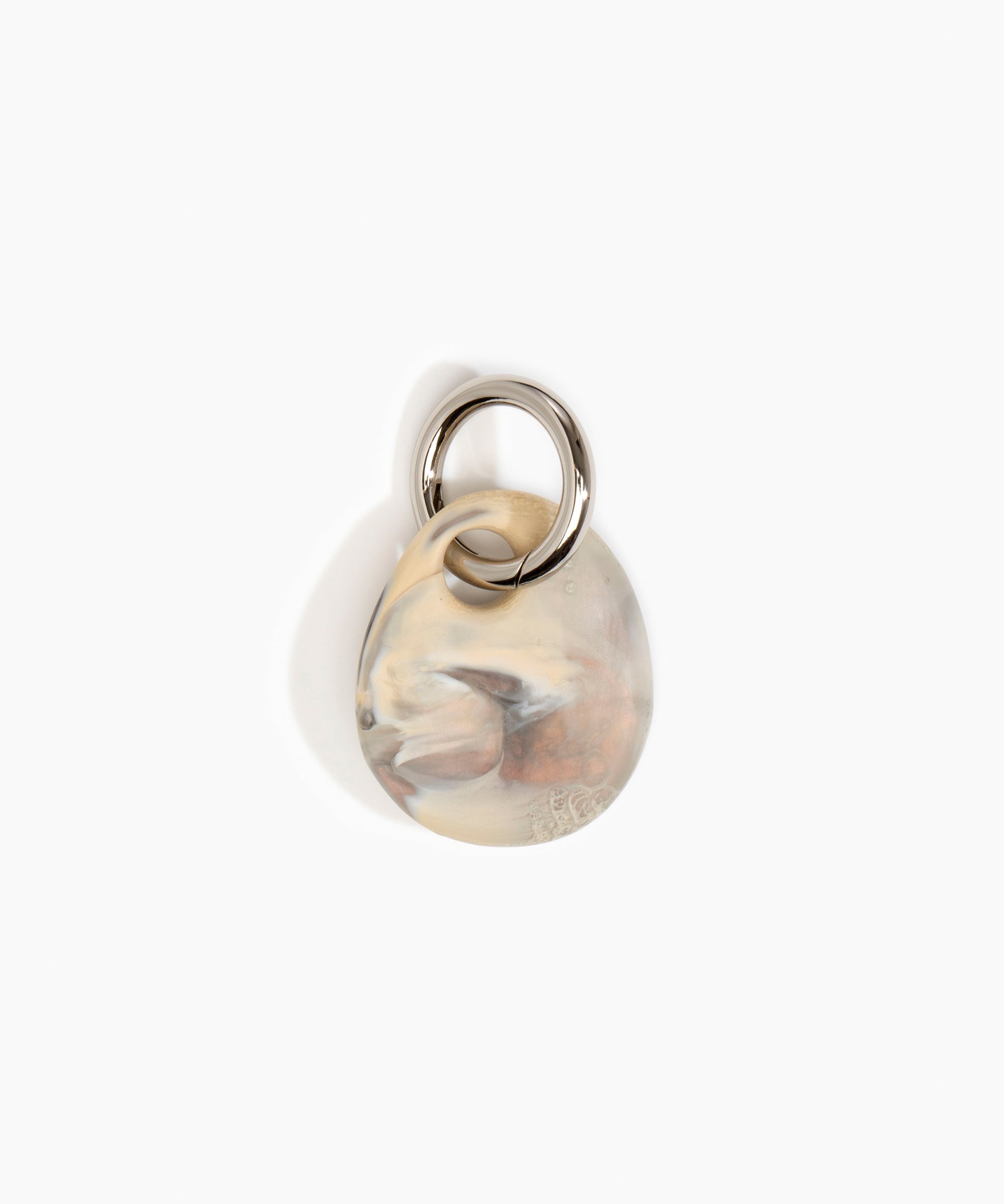 Dinosaur Designs Earth Keyring in Sandy Pearl — handcrafted marbled beige, grey and pearlescent resin pebble bead on a polished gunmetal jump ring..