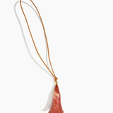 Dinosaur Designs Long Flower Bag Charm in Rust colour with Brass bead — handcrafted marbled terracotta red and cream resin bell-shaped flower bag charm with tan leather hanging loop and brass bead