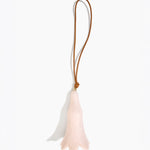 Dinosaur Designs Long Flower Decoration in Rose Swirl colour with Brass bead — handcrafted marbled dusty pink resin bell-shaped flower ornament with tan leather hanging loop and brass bead