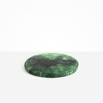 Dinosaur Designs Temple Cheese Platter in Moss — handcrafted marbled green resin round serving board with organic edge and recessed handles..
