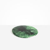 Dinosaur Designs Temple Cheese Platter in Moss — handcrafted marbled green resin round serving board with organic edge and recessed handles..