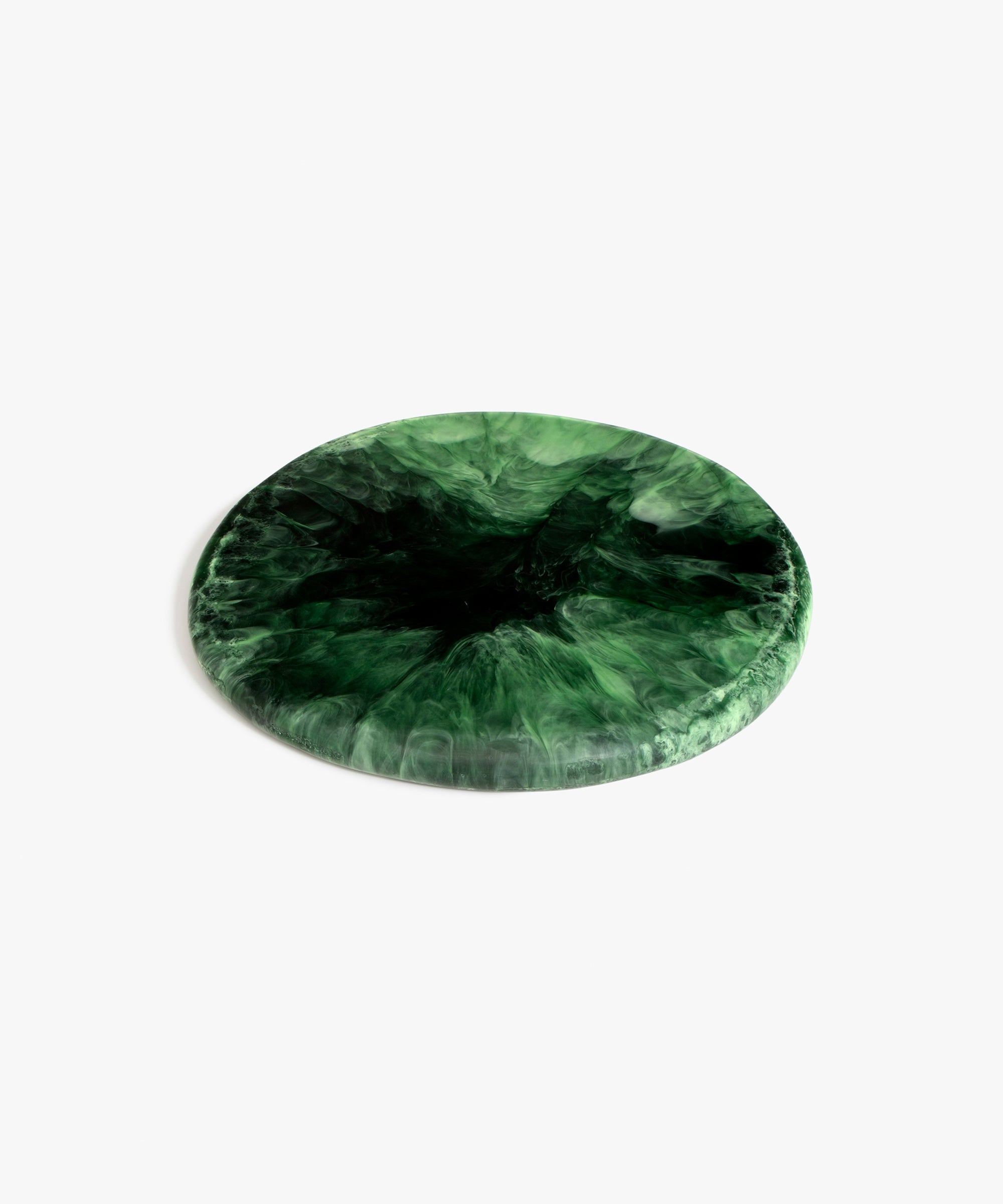 Dinosaur Designs Temple Cheese Platter in Moss — handcrafted marbled green resin round serving board with organic edge and recessed handles..