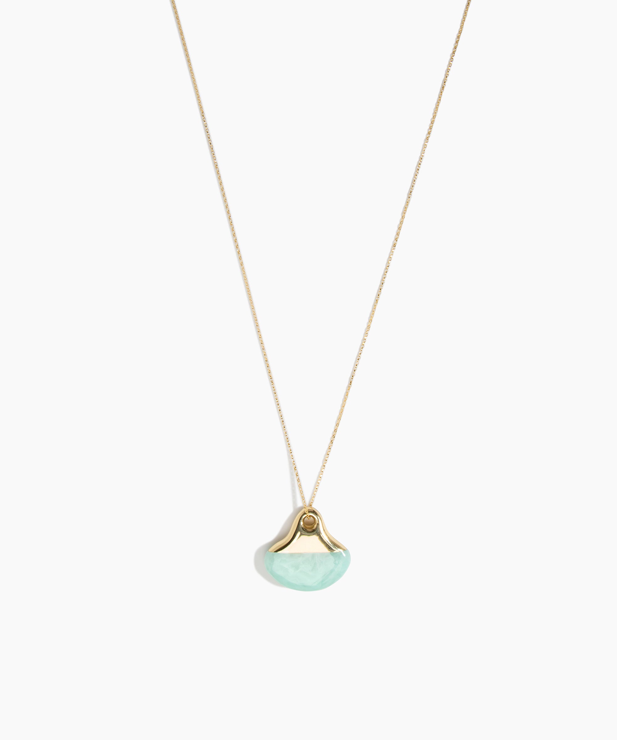 Dinosaur Designs Polished Lotus Chain Pendant in Mint with Gold-Fill hardware — marbled mint blue resin half-crescent pendant on a fine gold-fill chain with clasp