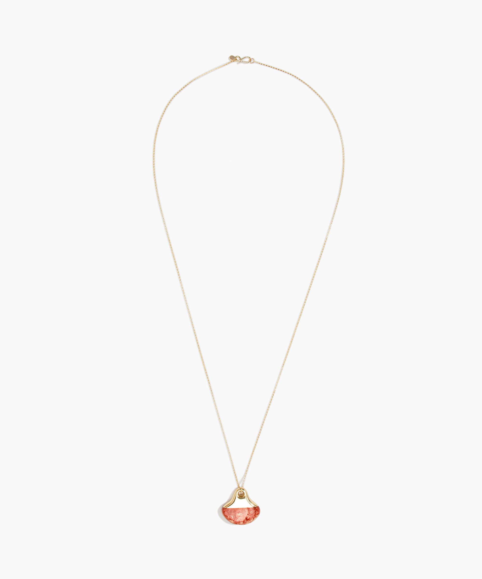 Dinosaur Designs Polished Lotus Chain Pendant in Rust with Gold-Fill hardware — marbled brown-red and cream resin half-crescent pendant on a fine gold-fill chain with clasp