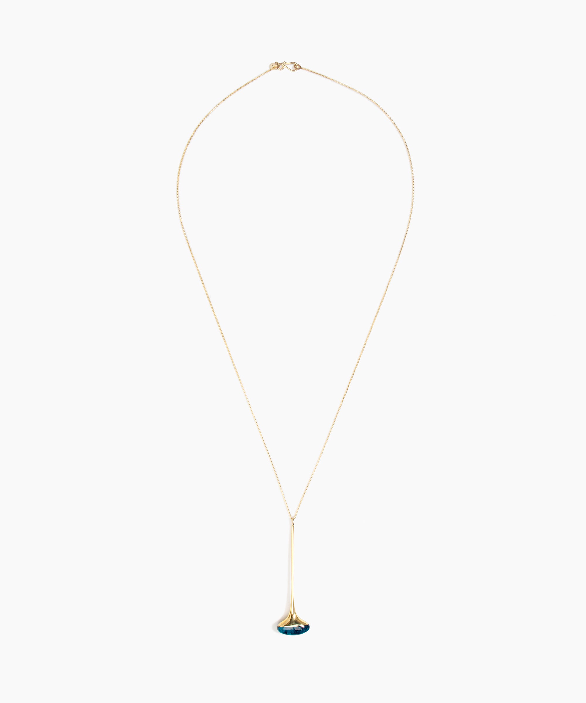 Dinosaur Designs Long Polished Lotus Chain Pendant in Turquoise with Gold-Fill hardware — marbled teal blue resin half-dome pendant with elongated polished gold-fill tapered stem on a fine gold-fill chain