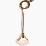 Dinosaur Designs Large Polished Lotus Pendant on Leather in Rose Swirl with Brass hardware — marbled dusty pink resin half-crescent pendant with polished brass setting on an adjustable tan leather cord