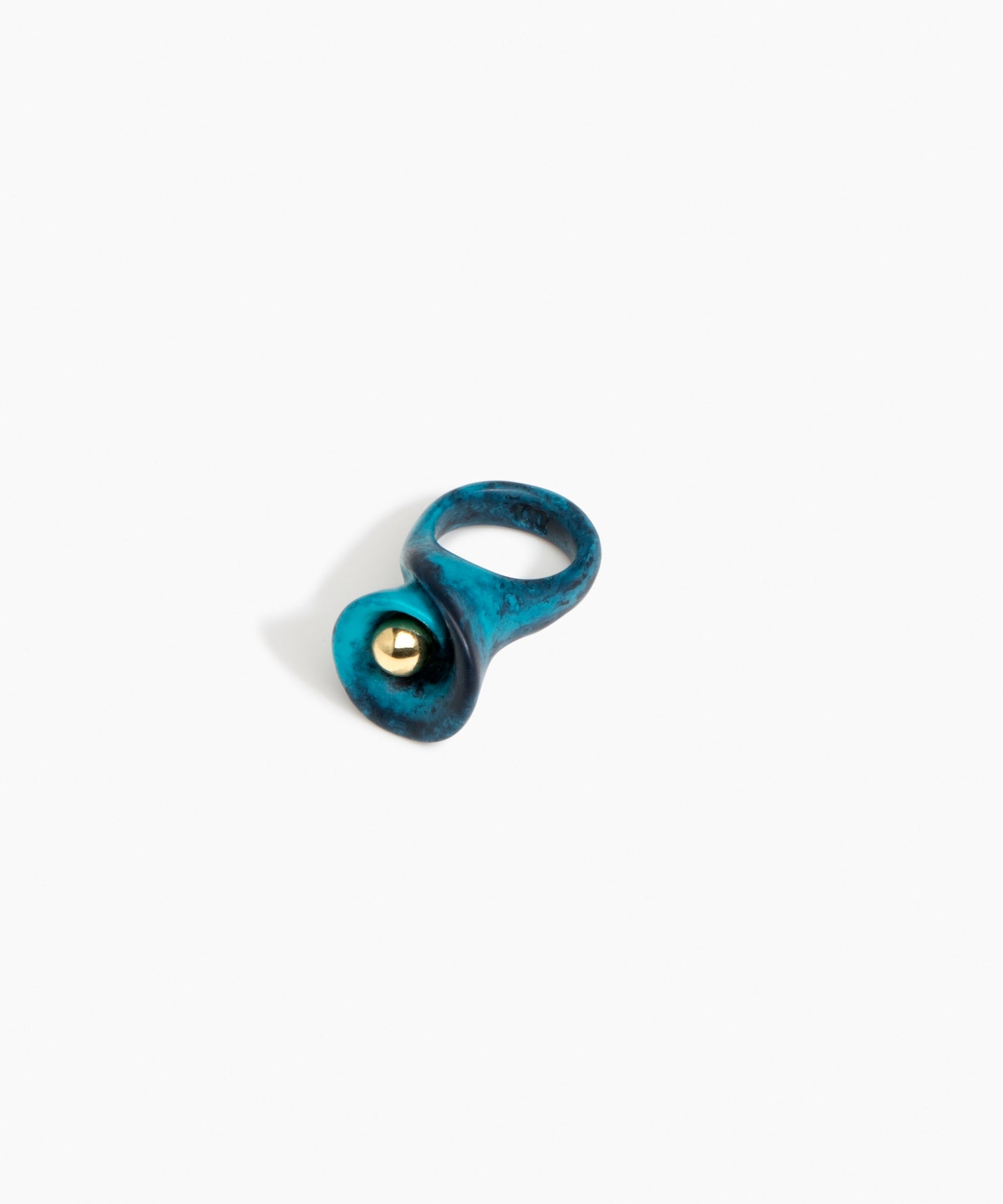 Dinosaur Designs Long Lily Ring in Turquoise — handcrafted marbled teal blue resin ring with sculptural swirled flower and brass bead