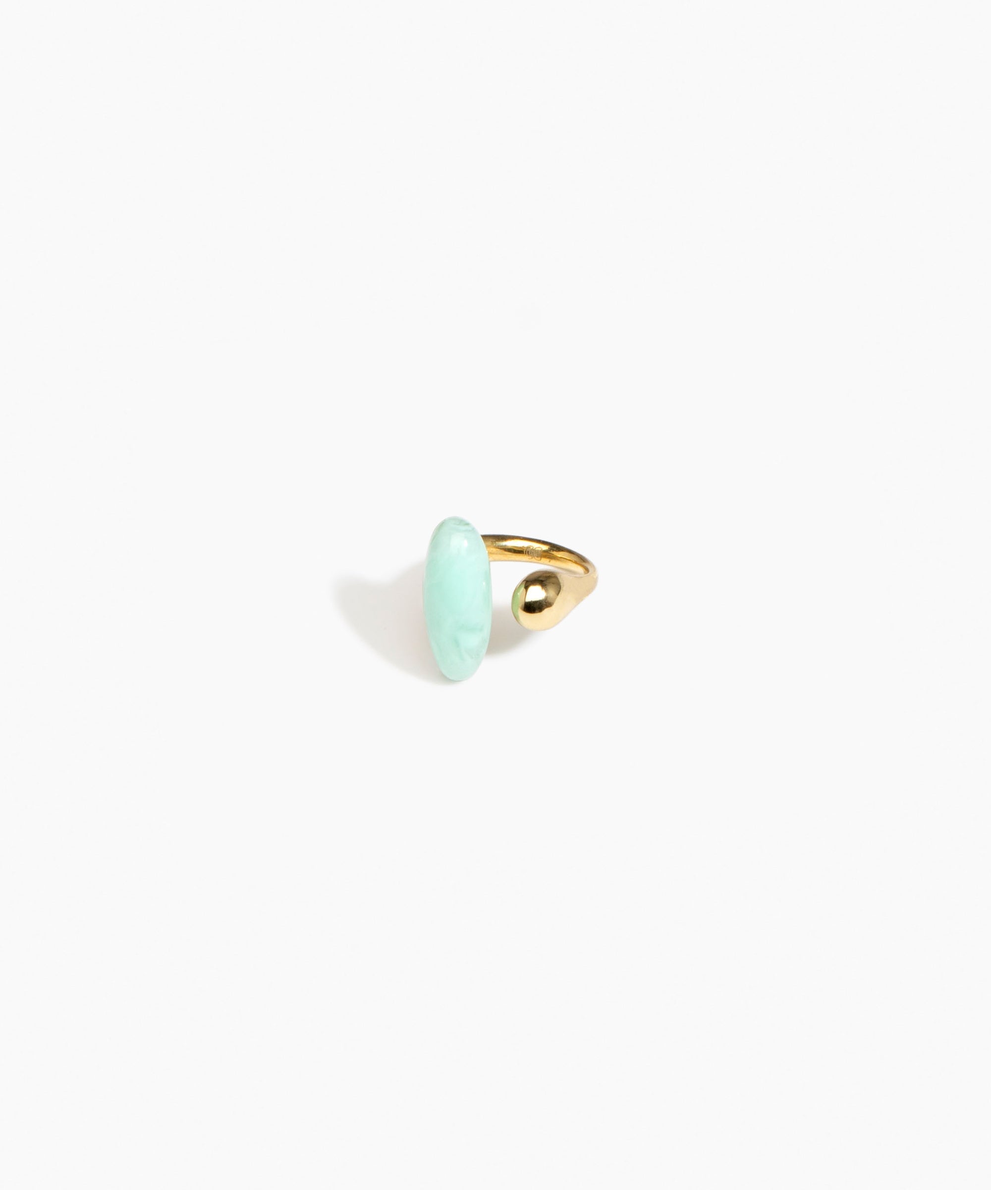 Dinosaur Designs Polished Lotus Ring in Mint with Brass — marbled mint blue resin elongated oval ring with  brass band and small brass ball detail