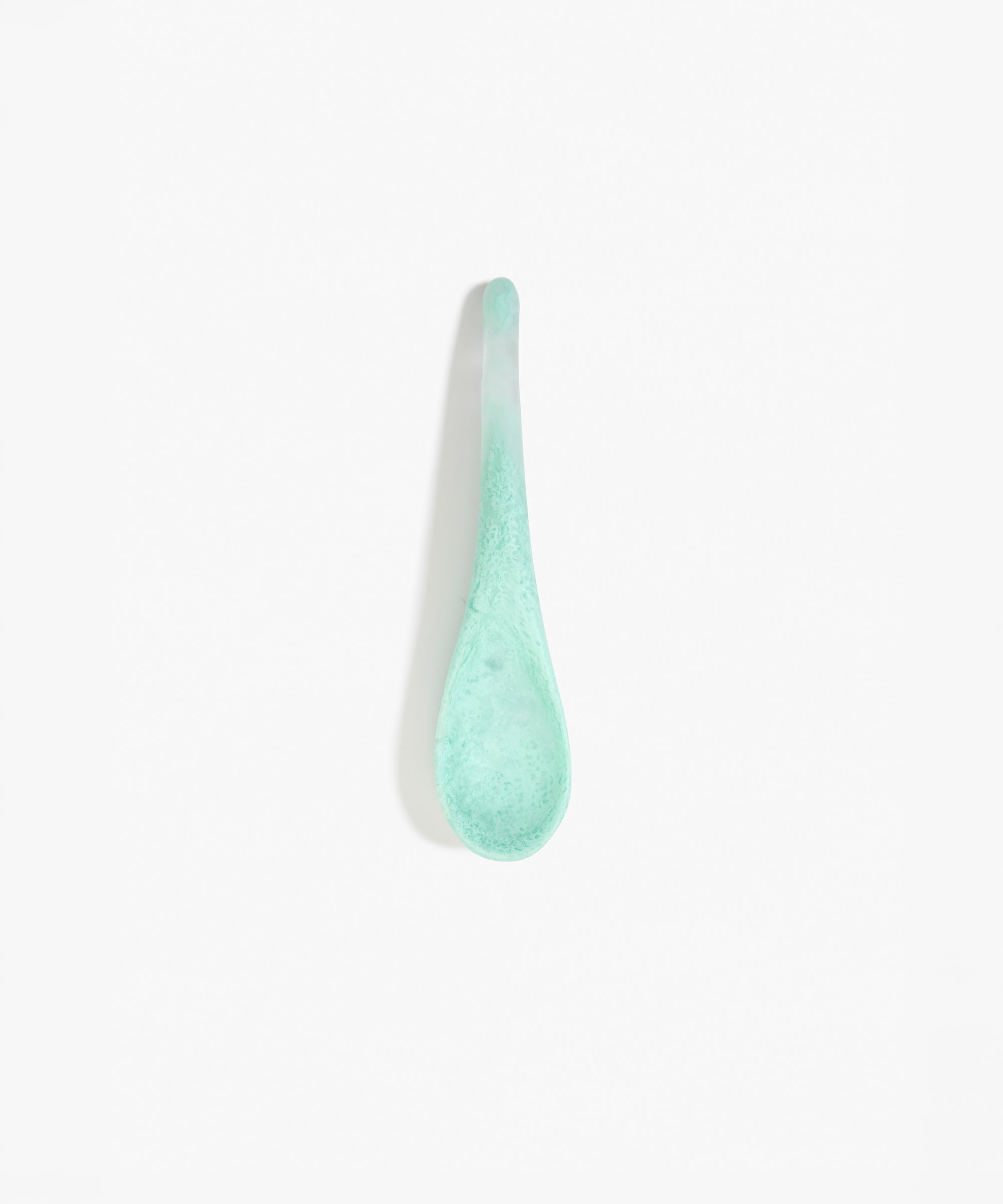Dinosaur Designs Large Shell Spoon in Mint — handcrafted marbled mint blue resin spoon with slender tapered handle
