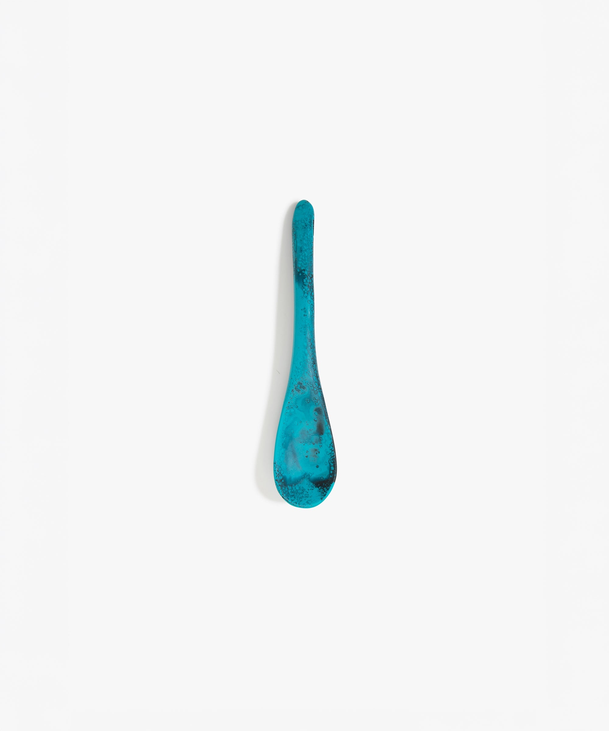 Dinosaur Designs Medium Shell Spoon in Turquoise — handcrafted marbled teal blue resin spoon with slender tapered handle