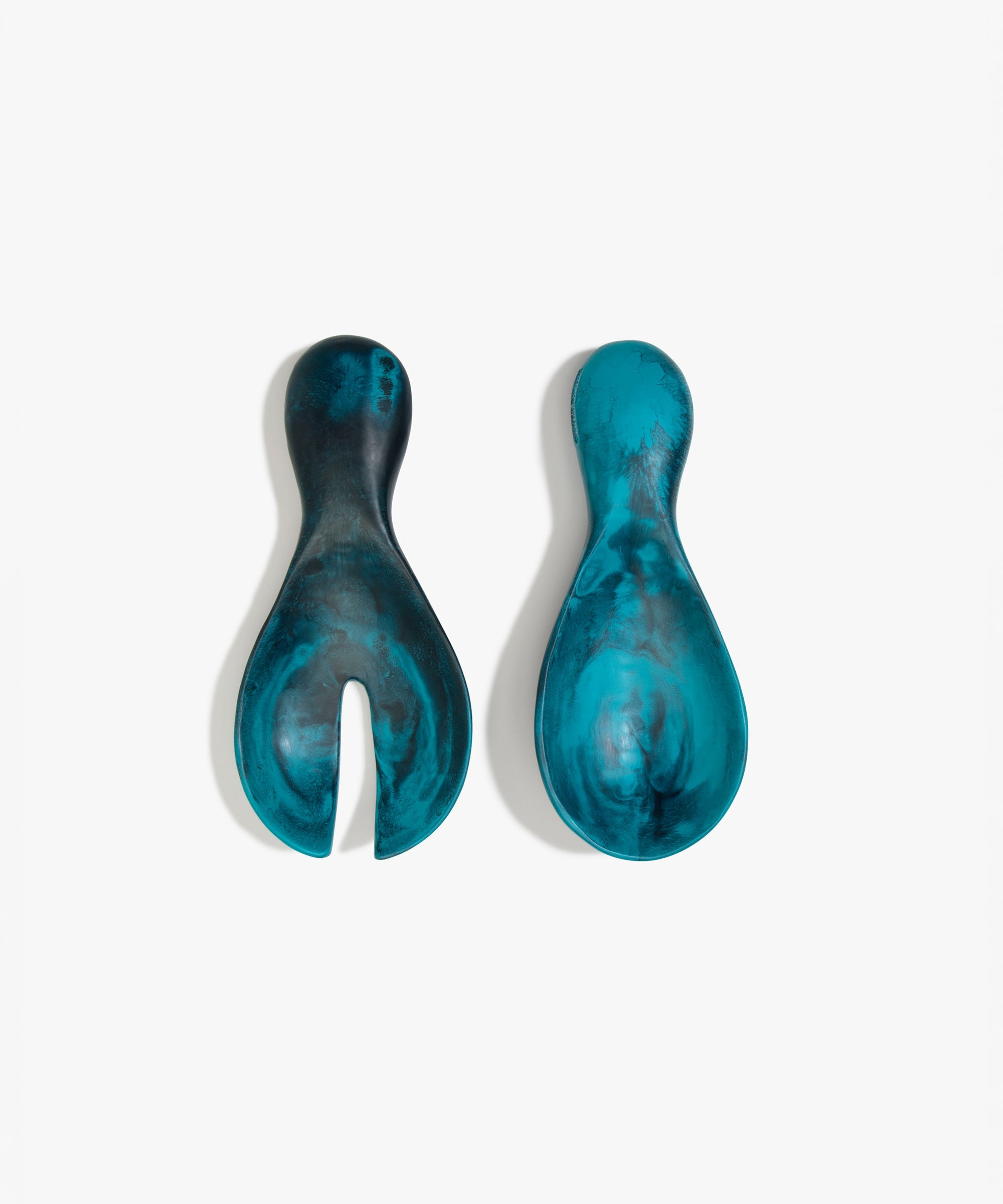 Dinosaur Designs Rock Servers in Turquoise — handcrafted marbled teal blue resin salad server set with rounded bulb handles, fork and spoon.