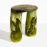 Dinosaur Designs Rock Tower Table in Malachite — handcrafted marbled green and blue resin side table with oval top and two chunky rounded legs