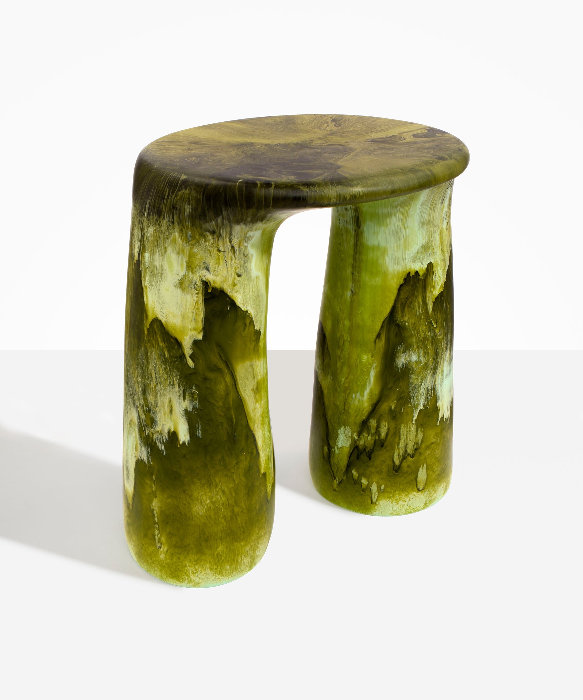 Dinosaur Designs Rock Tower Table in Malachite — handcrafted marbled green and blue resin side table with oval top and two chunky rounded legs