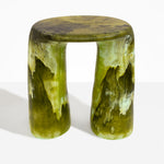 Dinosaur Designs Rock Tower Table in Malachite — handcrafted marbled green and blue resin side table with oval top and two chunky rounded legs