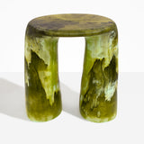 Dinosaur Designs Rock Tower Table in Malachite — handcrafted marbled green and blue resin side table with oval top and two chunky rounded legs