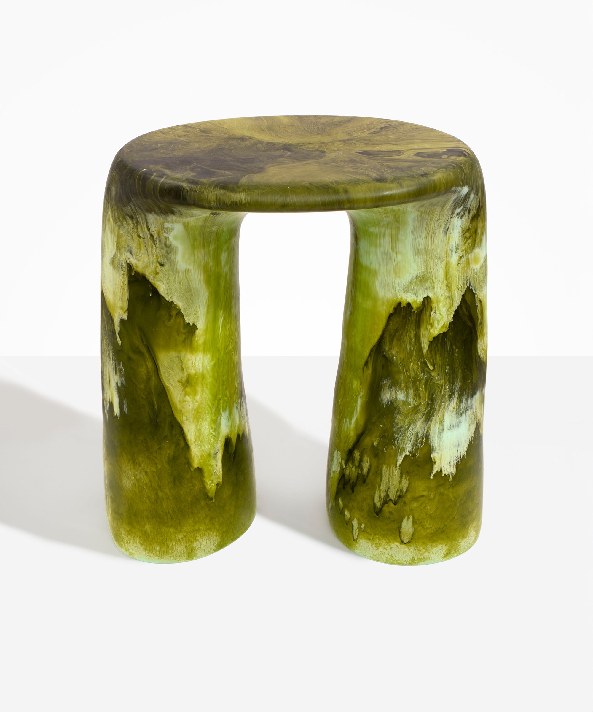 Dinosaur Designs Rock Tower Table in Malachite — handcrafted marbled green and blue resin side table with oval top and two chunky rounded legs