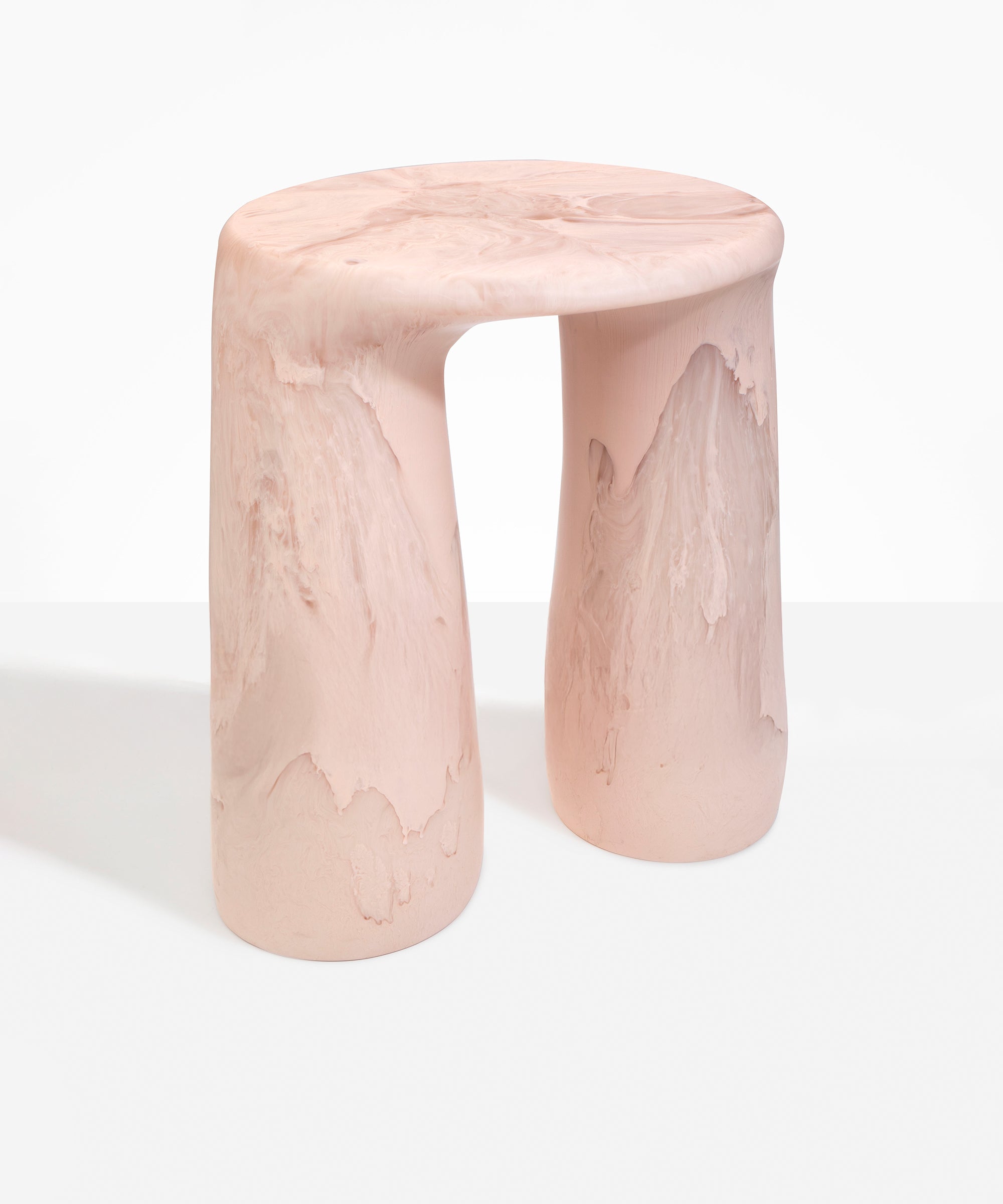 Dinosaur Designs Rock Tower Table in Rose Swirl — handcrafted marbled pink resin side table with oval top and chunky rounded legs
