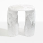 Dinosaur Designs Rock Tower Table in Snow Swirl — handcrafted marbled white and clear resin side table with oval top and two chunky rounded legs