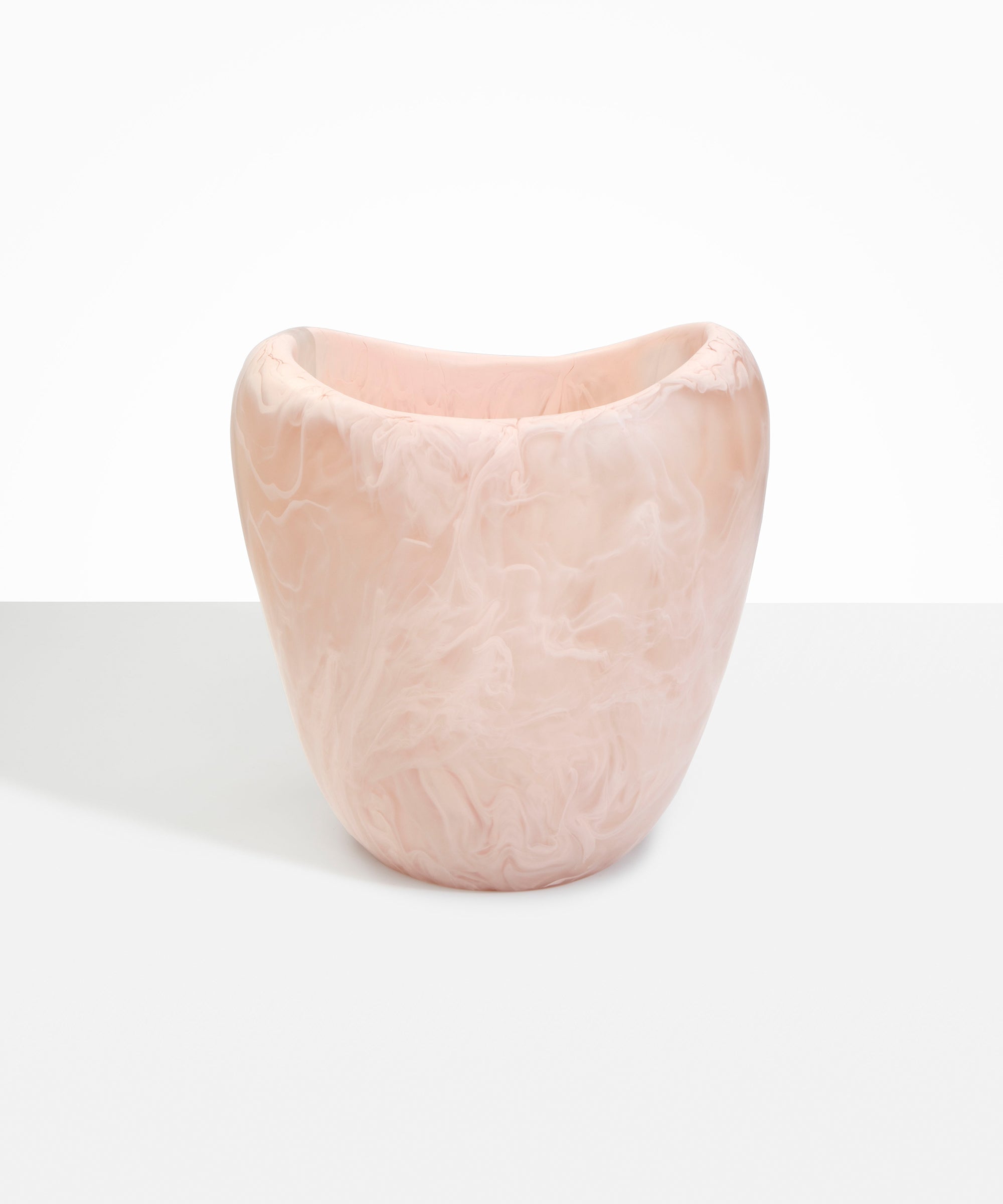 Dinosaur Designs Large Beetle Vase in Rose Swirl — handcrafted marbled dusty pink resin vase with wide rounded body and sculpted open petal-shaped rim