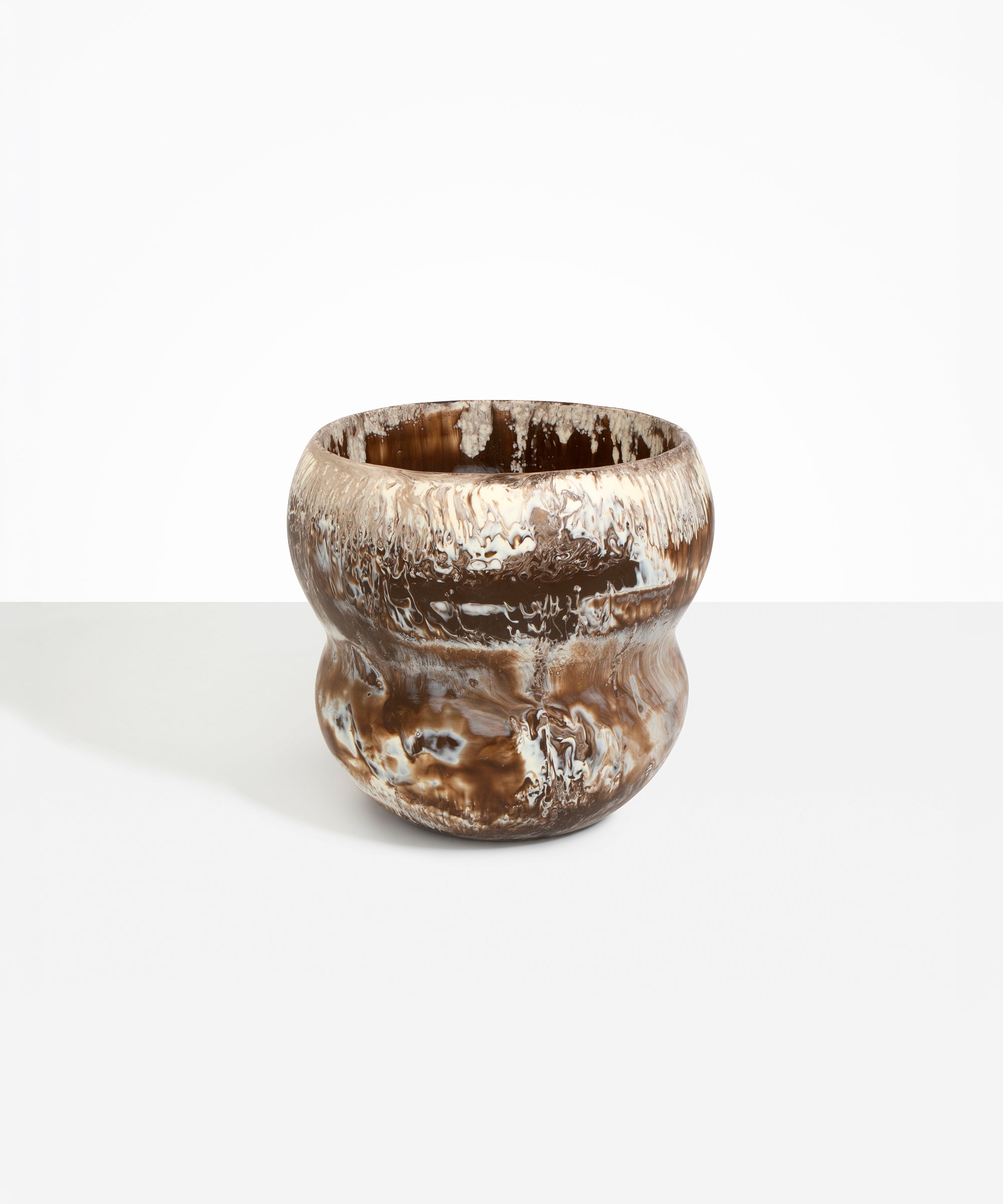 Dinosaur Designs Large Honeypot Vase in Cappuccino — handcrafted marbled brown and cream resin vase with wide opening and rounded stacked bubble silhouette..