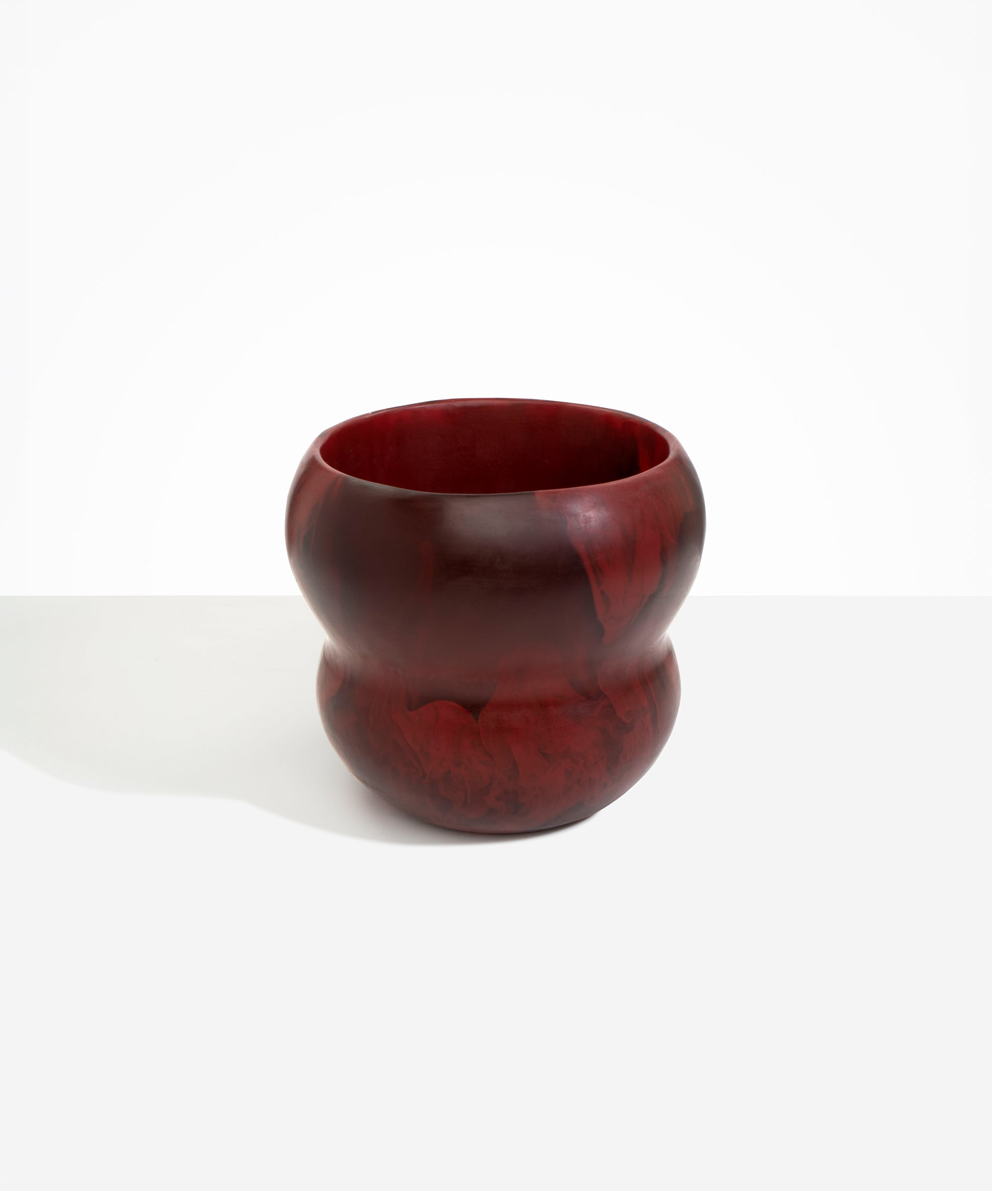 Dinosaur Designs Large Honeypot Vase in Crimson — handcrafted marbled scarlet red resin vase with wide opening and rounded stacked bubble silhouette..