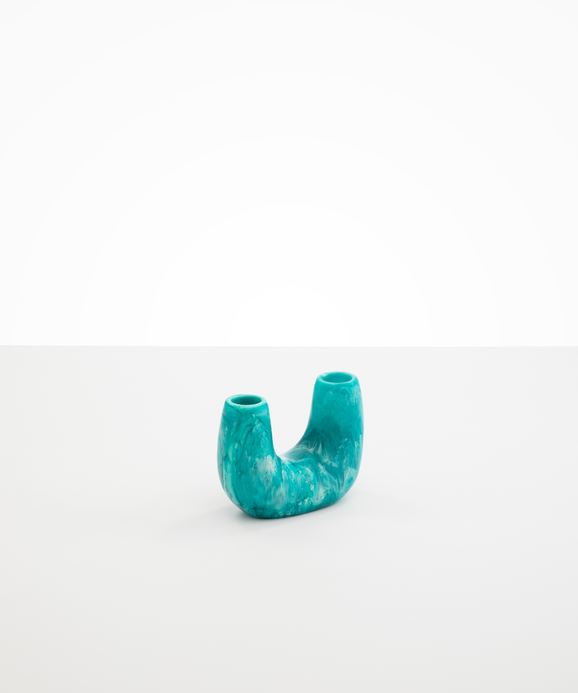 Dinosaur Designs Mini Branch Vase in Lagoon —  marbled blue and cream resin decorative vase with chunky U-shaped arch form and twin openings