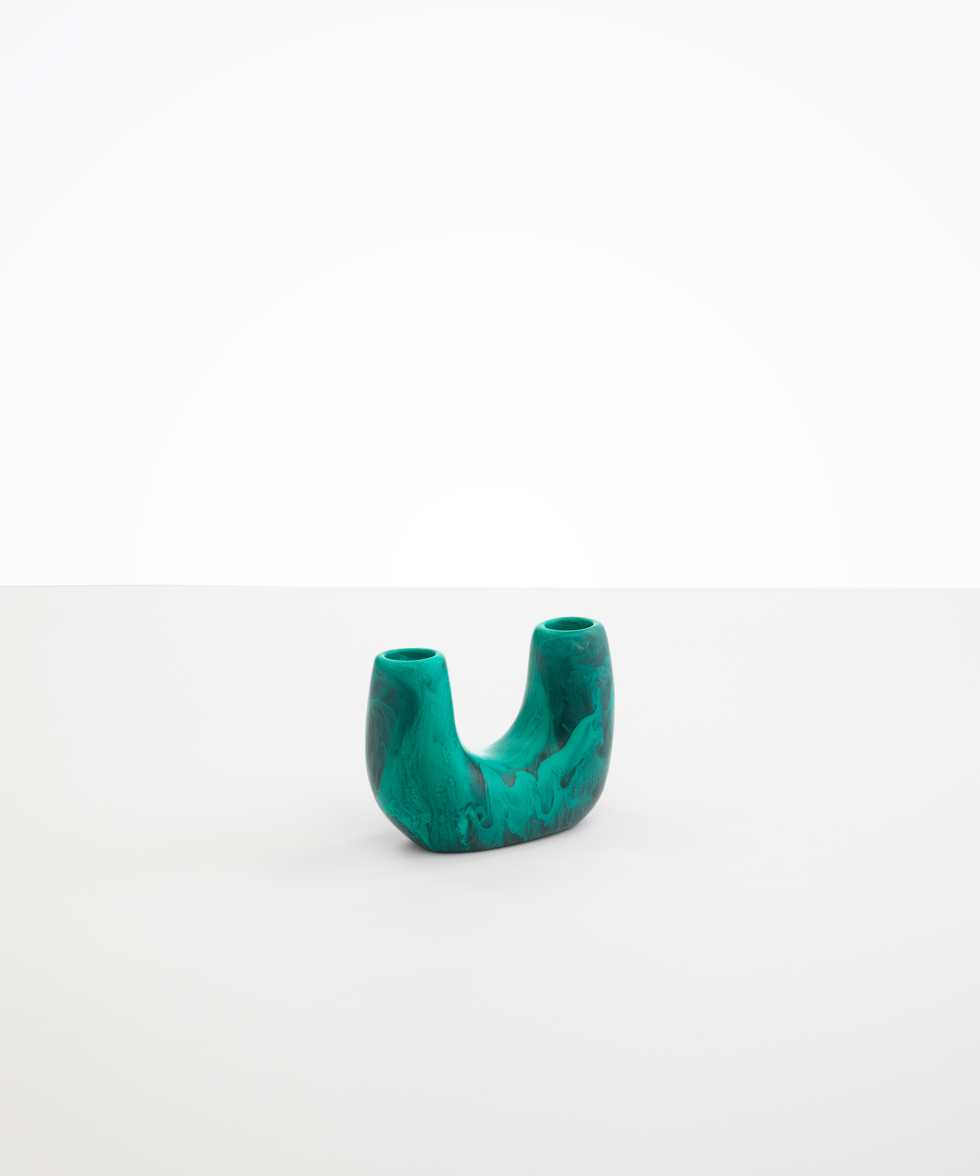 Dinosaur Designs Mini Branch Vase in Mineral Swirl —  marbled teal green resin decorative vase with chunky U-shaped arch form and twin openings