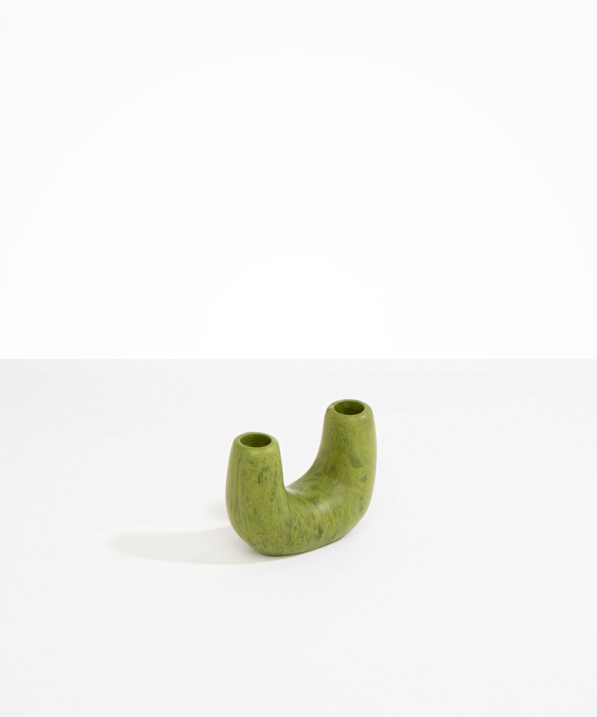 Dinosaur Designs Mini Branch Vase in Olive —  marbled green resin decorative vase with chunky U-shaped arch form and twin openings