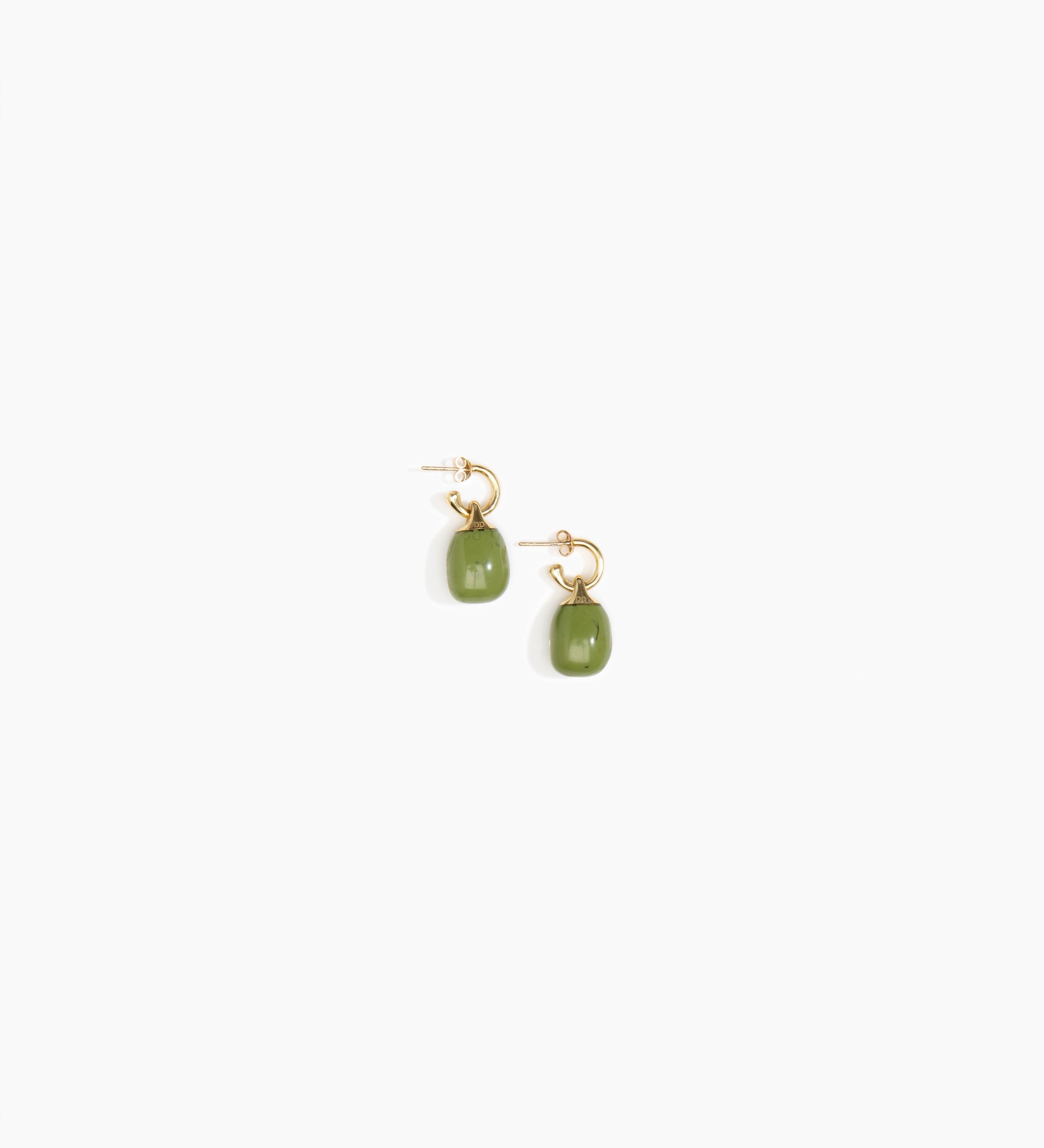 Dinosaur Designs Small River Rock Hoops Earrings in Olive Colour resin with Brass Hoop Material