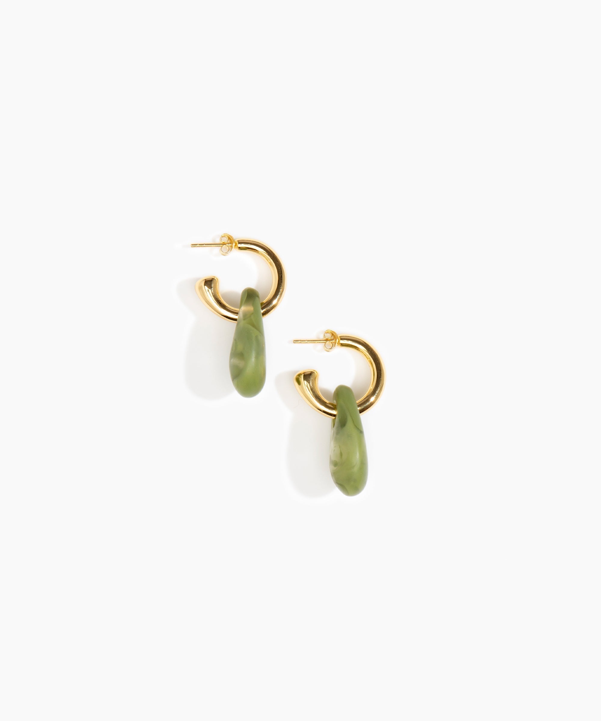 Dinosaur Designs Small Rock Hoop Earrings in Olive Colour resin with Brass Hoop Material.