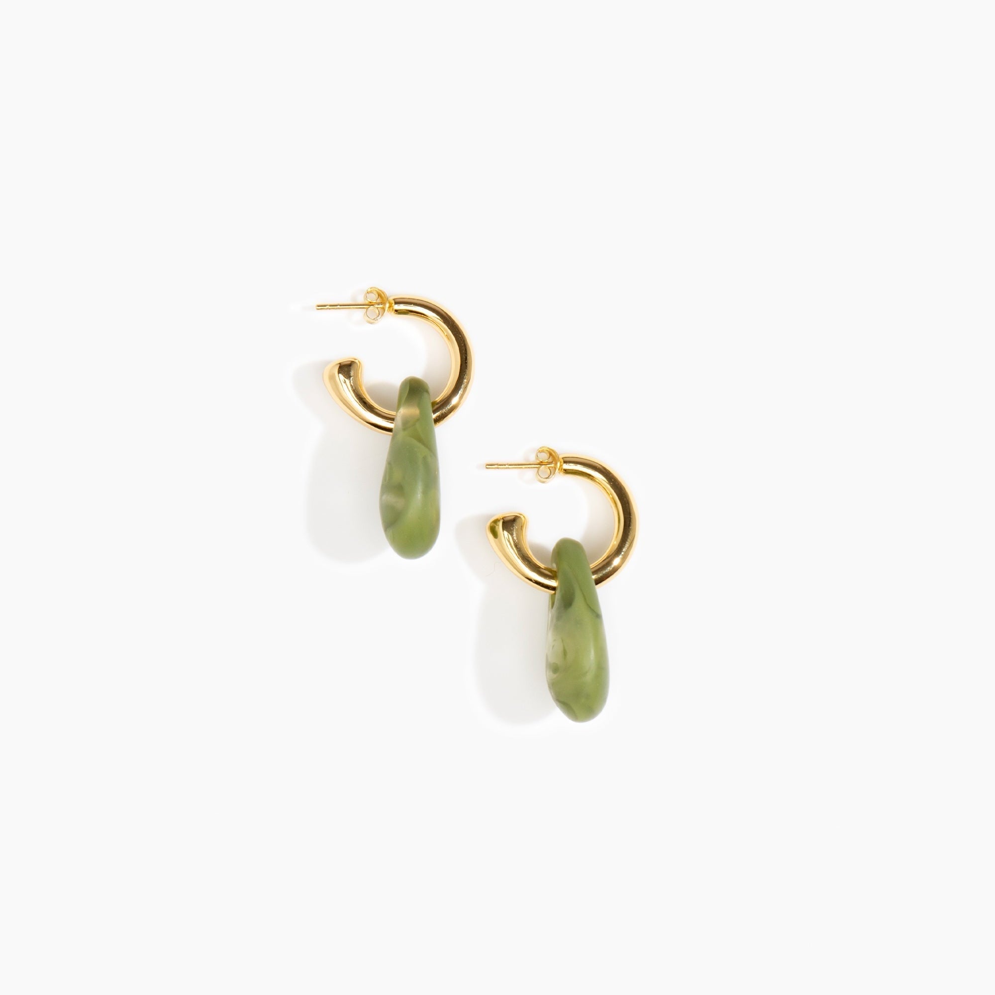 Dinosaur Designs Small Rock Hoop Earrings in Olive Colour resin with Brass Hoop Material.