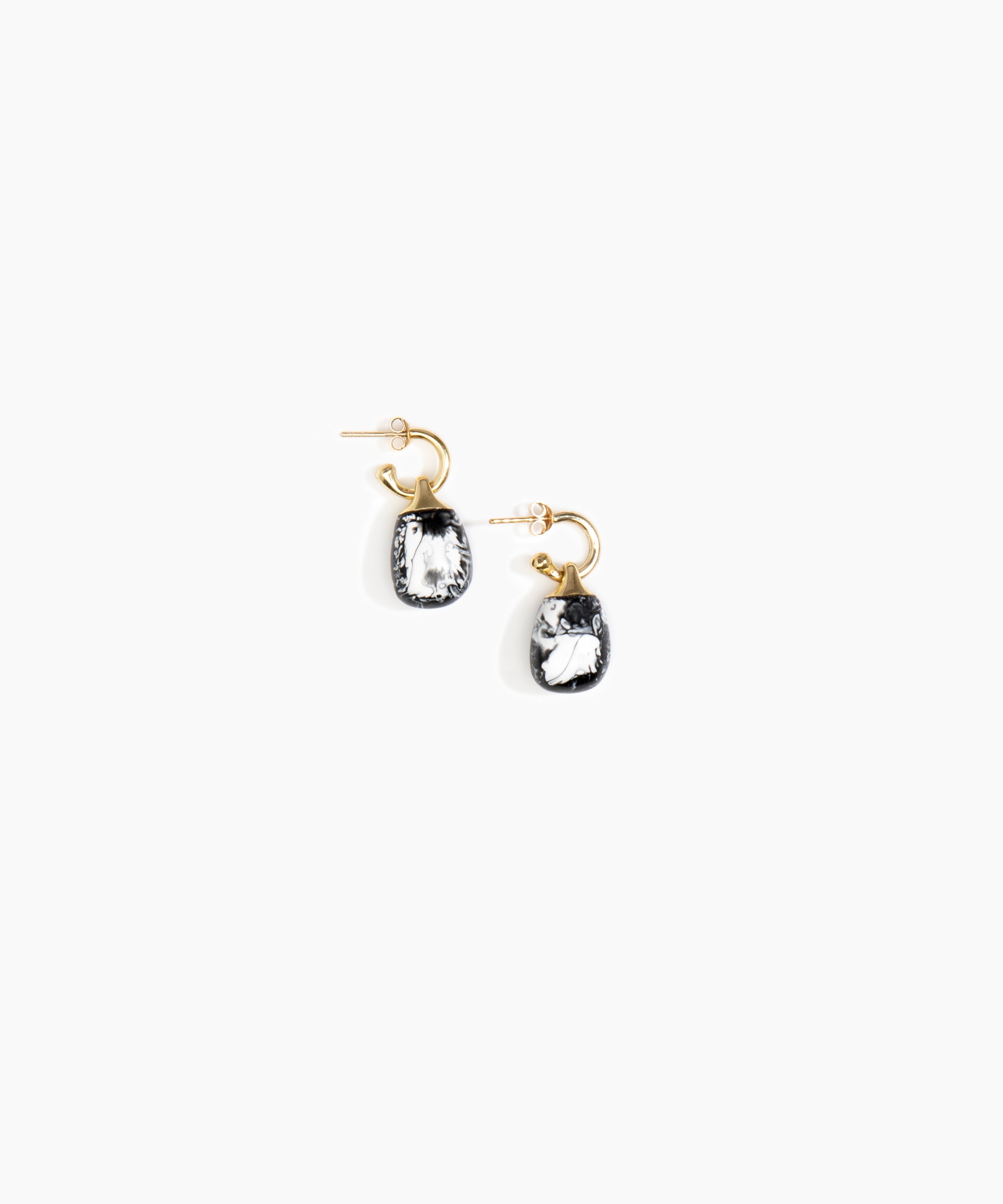 Dinosaur Designs Small River Rock Hoop Earrings in Black Marble Colour resin with Brass Hoop Material..
