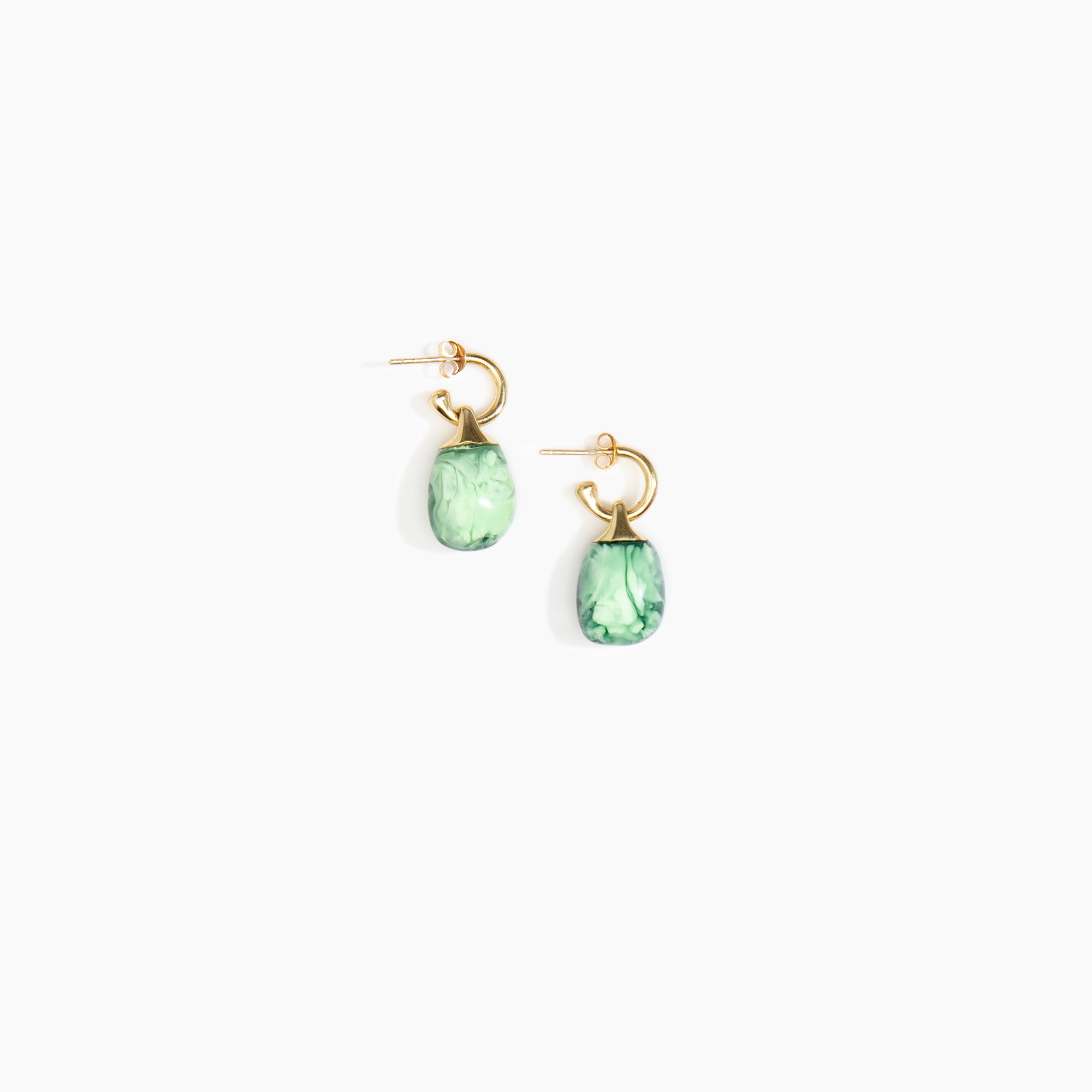 Dinosaur Designs Small River Rock Hoop Earrings in Moss Colour resin with Brass Hoop Material..