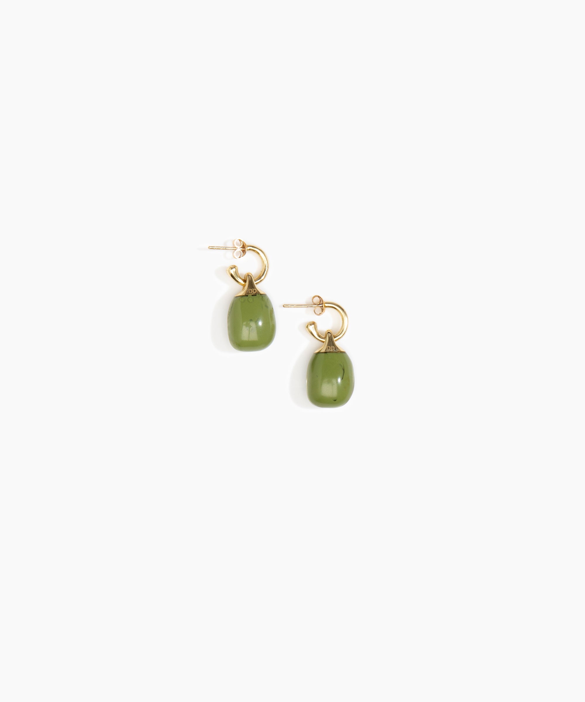 Dinosaur Designs Small River Rock Hoop Earrings in Olive Colour resin with Brass Hoop Material..