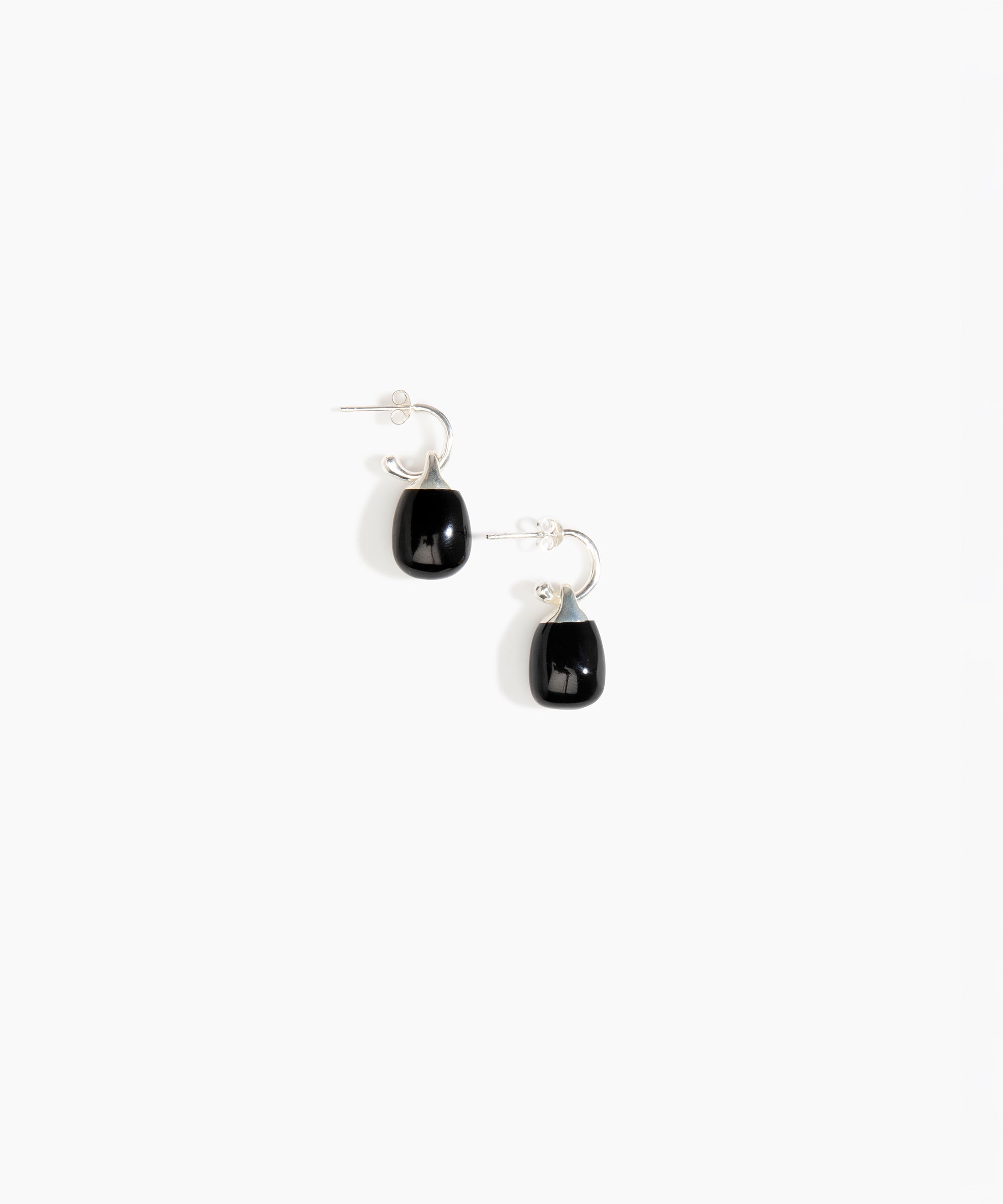 Dinosaur Designs Small River Rock Hoop Earrings in Black Colour resin with Silver-Plated Brass Hoop Material..
