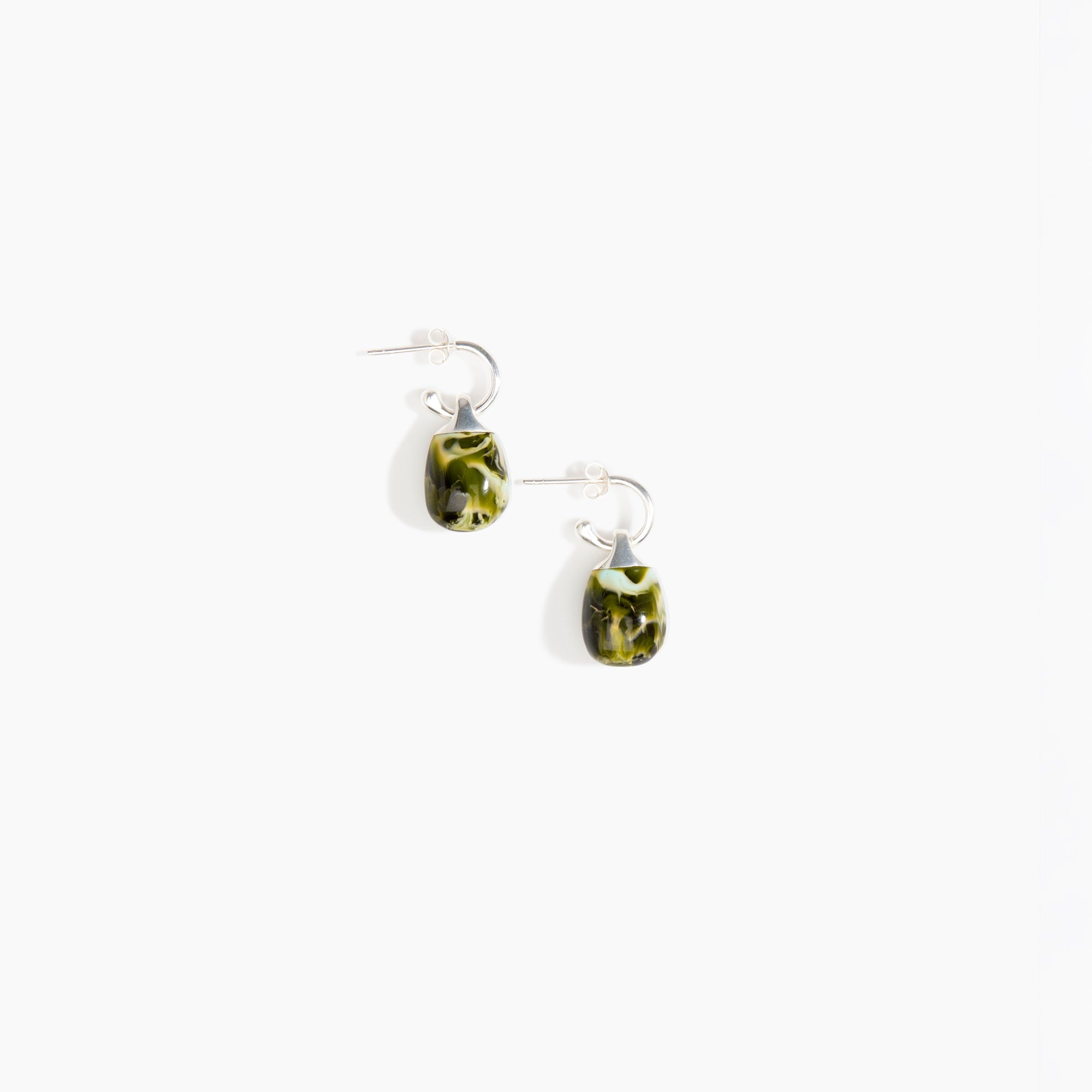 Dinosaur Designs Small River Rock Hoop Earrings in Malachite Colour resin with Silver-Plated Brass Hoop Material..