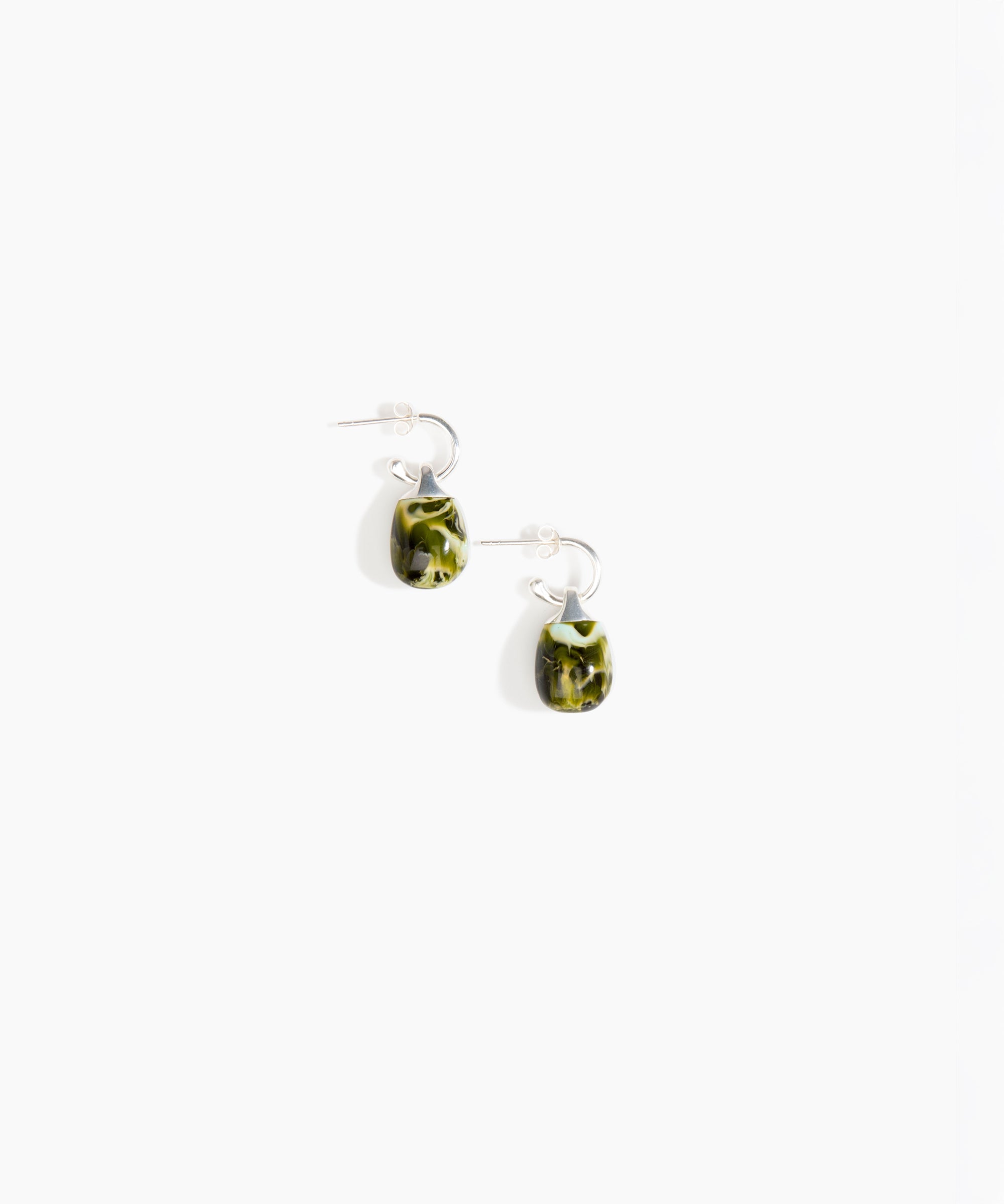 Dinosaur Designs Small River Rock Hoop Earrings in Malachite Colour resin with Silver-Plated Brass Hoop Material..