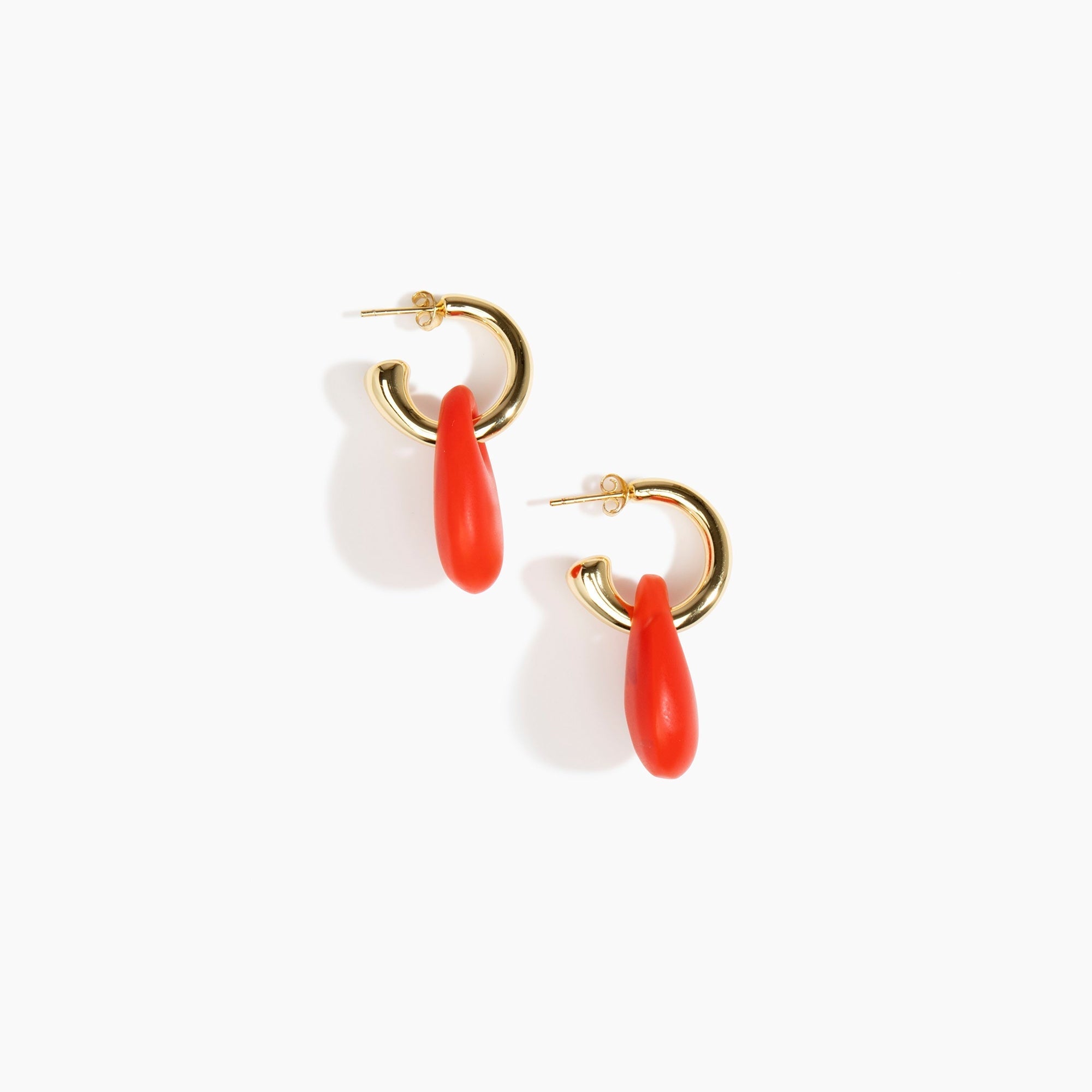 Dinosaur Designs Small Rock Hoop Earrings in Poppy Colour resin with Brass Hoop Material.